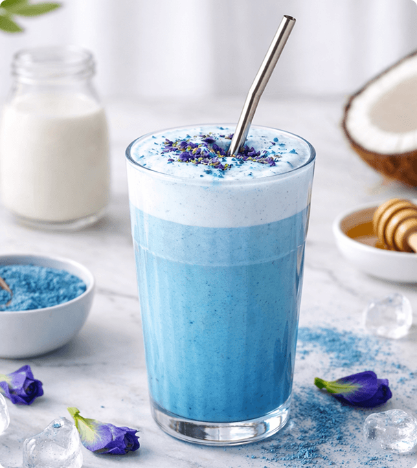 A glass of Blue Matcha extract by Biolab