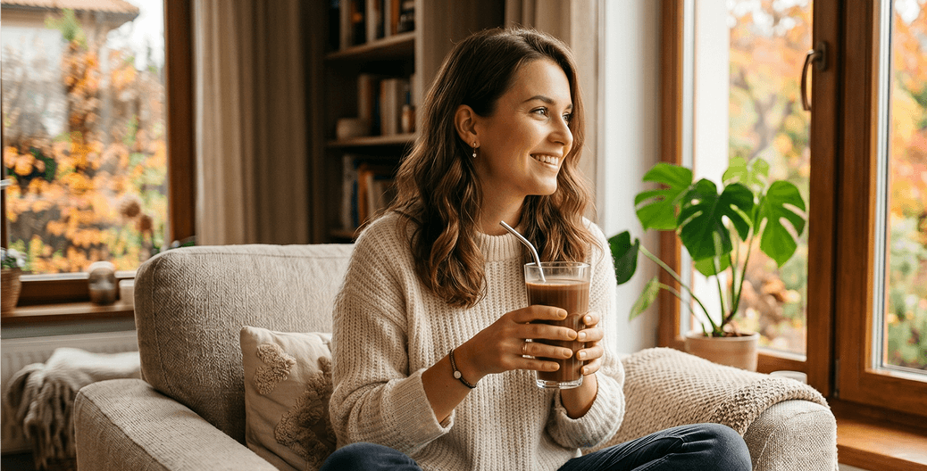 Smiling woman holding a glass of Chocolate Dreamzzz