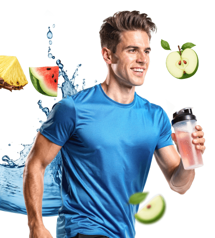 A man in sportswear runs while holding a shaker.